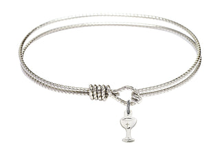 6 1/4 inch Oval Eye Hook Rhodium Bangle Bracelet with a Sterling Silver Chalice charm.