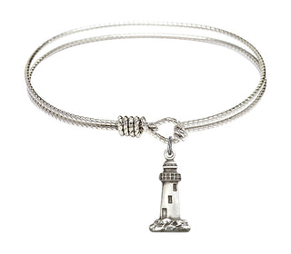 6 1/4 inch Oval Eye Hook Rhodium Bangle Bracelet with a Sterling Silver Lighthouse charm.