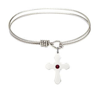 6 1/4 inch Oval Eye Hook Rhodium Bangle Bracelet with a Sterling Silver Cross charm.