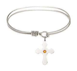 6 1/4 inch Oval Eye Hook Rhodium Bangle Bracelet with a Sterling Silver Cross charm.