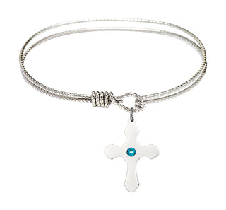 6 1/4 inch Oval Eye Hook Rhodium Bangle Bracelet with a Sterling Silver Cross charm.