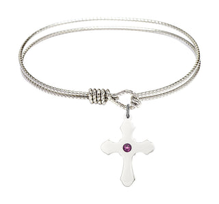 6 1/4 inch Oval Eye Hook Rhodium Bangle Bracelet with a Sterling Silver Cross charm.