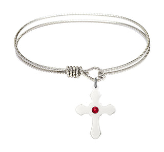 6 1/4 inch Oval Eye Hook Rhodium Bangle Bracelet with a Sterling Silver Cross charm.