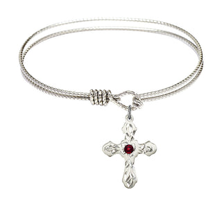 6 1/4 inch Oval Eye Hook Rhodium Bangle Bracelet with a Sterling Silver Cross charm. Engraved Catholic Saint Jewelry