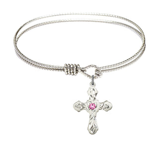 6 1/4 inch Oval Eye Hook Rhodium Bangle Bracelet with a Sterling Silver Cross charm. Engraved Catholic Saint Jewelry