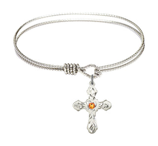 6 1/4 inch Oval Eye Hook Rhodium Bangle Bracelet with a Sterling Silver Cross charm. Engraved Catholic Saint Jewelry