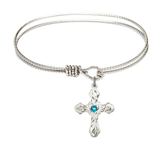 6 1/4 inch Oval Eye Hook Rhodium Bangle Bracelet with a Sterling Silver Cross charm. Engraved Catholic Saint Jewelry