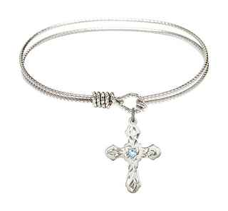 6 1/4 inch Oval Eye Hook Rhodium Bangle Bracelet with a Sterling Silver Cross charm. Engraved Catholic Saint Jewelry