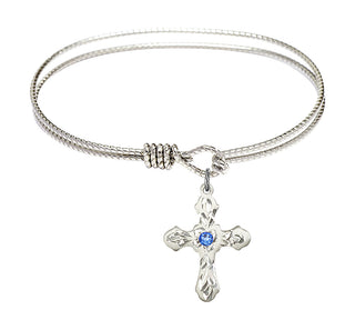 6 1/4 inch Oval Eye Hook Rhodium Bangle Bracelet with a Sterling Silver Cross charm. Engraved Catholic Saint Jewelry