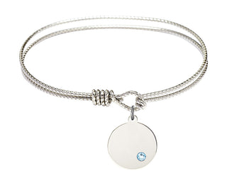6 1/4 inch Oval Eye Hook Rhodium Bangle Bracelet with a Sterling Silver Plain Disc charm.