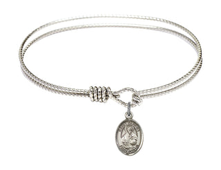 6 1/4 inch Oval Eye Hook Rhodium Bangle Bracelet with a Sterling Silver Saint Albert the Great charm. Engraved Catholic Saint Jewelry