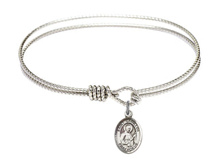 6 1/4 inch Oval Eye Hook Rhodium Bangle Bracelet with a Sterling Silver Saint Camillus of Lellis charm. Engraved Catholic Saint Jewelry