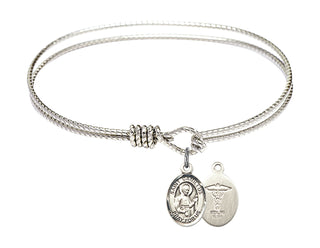 6 1/4 inch Oval Eye Hook Rhodium Bangle Bracelet with a Sterling Silver Saint Camillus of Lellis/Doctors charm.