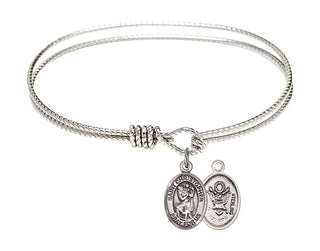 6 1/4 inch Oval Eye Hook Rhodium Bangle Bracelet with a Sterling Silver Saint Christopher / Army charm.