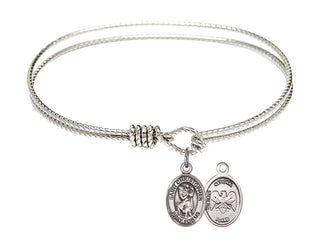 6 1/4 inch Oval Eye Hook Rhodium Bangle Bracelet with a Sterling Silver Saint Christopher/Nat'l Guard charm.