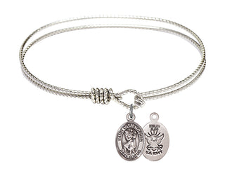 6 1/4 inch Oval Eye Hook Rhodium Bangle Bracelet with a Sterling Silver Saint Christopher / Navy charm.