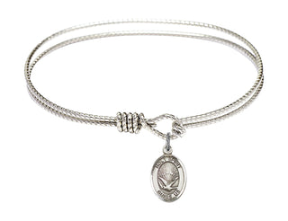 6 1/4 inch Oval Eye Hook Rhodium Bangle Bracelet with a Sterling Silver Holy Spirit charm. Engraved Catholic Saint Jewelry