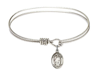 6 1/4 inch Oval Eye Hook Rhodium Bangle Bracelet with a Sterling Silver Saint Justin charm. Engraved Catholic Saint Jewelry