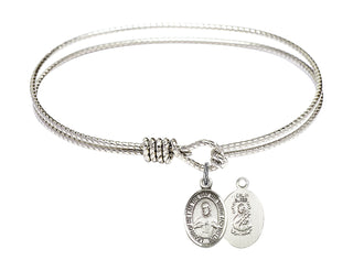6 1/4 inch Oval Eye Hook Rhodium Bangle Bracelet with a Sterling Silver Scapular charm. Engraved Catholic Saint Jewelry