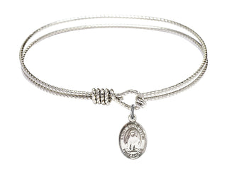 6 1/4 inch Oval Eye Hook Rhodium Bangle Bracelet with a Sterling Silver Saint Edith Stein charm. Engraved Catholic Saint Jewelry