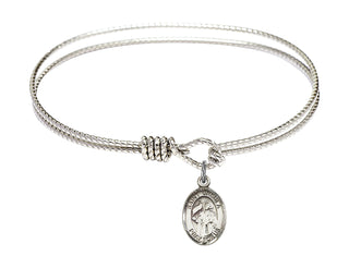 6 1/4 inch Oval Eye Hook Rhodium Bangle Bracelet with a Sterling Silver Saint Ursula charm. Engraved Catholic Saint Jewelry