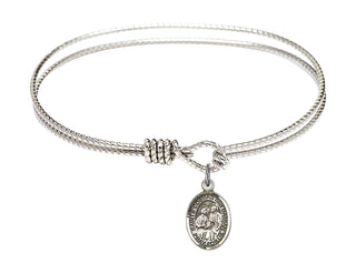 6 1/4 inch Oval Eye Hook Rhodium Bangle Bracelet with a Sterling Silver Sts. Cosmas & Damian charm. Engraved Catholic Saint Jewelry