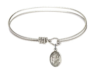 6 1/4 inch Oval Eye Hook Rhodium Bangle Bracelet with a Sterling Silver Saint Jerome charm. Engraved Catholic Saint Jewelry