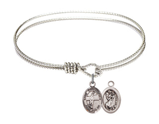6 1/4 inch Oval Eye Hook Rhodium Bangle Bracelet with a Sterling Silver Saint Christopher/Volleyball charm.