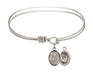 6 1/4 inch Oval Eye Hook Rhodium Bangle Bracelet with a Sterling Silver Saint Christopher/Cheerleading charm.