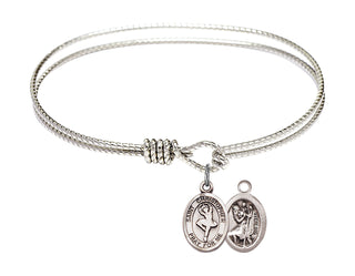 6 1/4 inch Oval Eye Hook Rhodium Bangle Bracelet with a Sterling Silver Saint Christopher/Dance charm.