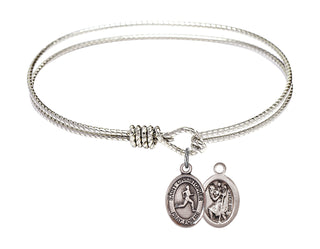 6 1/4 inch Oval Eye Hook Rhodium Bangle Bracelet with a Sterling Silver Saint Christopher/Track & Field charm.