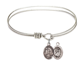 6 1/4 inch Oval Eye Hook Rhodium Bangle Bracelet with a Sterling Silver Saint Christopher/Football charm.