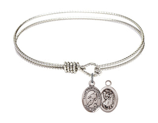 6 1/4 inch Oval Eye Hook Rhodium Bangle Bracelet with a Sterling Silver Saint Christopher/Soccer charm.