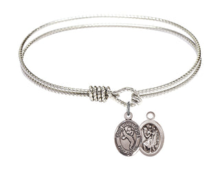6 1/4 inch Oval Eye Hook Rhodium Bangle Bracelet with a Sterling Silver Saint Christopher/Martial Arts charm.
