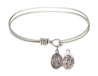 6 1/4 inch Oval Eye Hook Rhodium Bangle Bracelet with a Sterling Silver Saint Sebastian/Baseball charm.