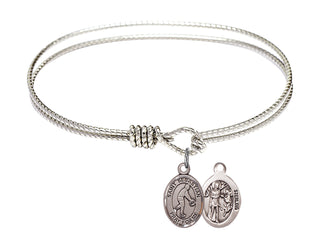 6 1/4 inch Oval Eye Hook Rhodium Bangle Bracelet with a Sterling Silver Saint Sebastian/Basketball charm.