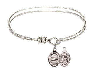 6 1/4 inch Oval Eye Hook Rhodium Bangle Bracelet with a Sterling Silver Saint Sebastian/Swimming charm.