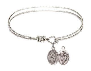 6 1/4 inch Oval Eye Hook Rhodium Bangle Bracelet with a Sterling Silver Saint Sebastian/Martial Arts charm.