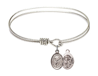 6 1/4 inch Oval Eye Hook Rhodium Bangle Bracelet with a Sterling Silver Saint Sebastian/Cheerleading charm.