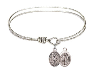 6 1/4 inch Oval Eye Hook Rhodium Bangle Bracelet with a Sterling Silver Saint Sebastian/Dance charm.