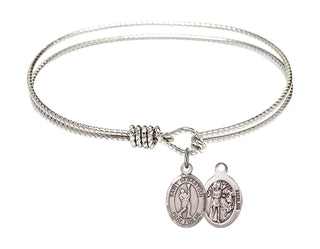 6 1/4 inch Oval Eye Hook Rhodium Bangle Bracelet with a Sterling Silver Saint Sebastian/Lacrosse charm.