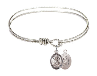6 1/4 inch Oval Eye Hook Rhodium Bangle Bracelet with a Sterling Silver Saint Rita / Baseball charm.