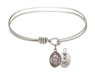 6 1/4 inch Oval Eye Hook Rhodium Bangle Bracelet with a Sterling Silver Saint Kateri/Equestrian charm.