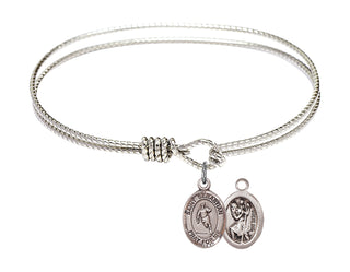 6 1/4 inch Oval Eye Hook Rhodium Bangle Bracelet with a Sterling Silver Saint Sebastian / Rugby charm.