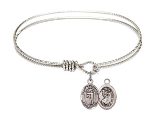 6 1/4 inch Oval Eye Hook Rhodium Bangle Bracelet with a Sterling Silver Saint Sebastian / Archery charm.