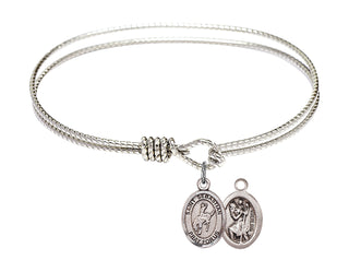 6 1/4 inch Oval Eye Hook Rhodium Bangle Bracelet with a Sterling Silver Saint Sebastian / Rodeo charm.