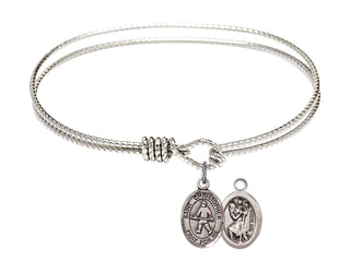 6 1/4 inch Oval Eye Hook Rhodium Bangle Bracelet with a Sterling Silver Saint Christopher / Field Hockey charm.