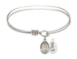 6 1/4 inch Oval Eye Hook Rhodium Bangle Bracelet with a Sterling Silver Our Lady of Guadalupe charm. Engraved Catholic Saint Jewelry