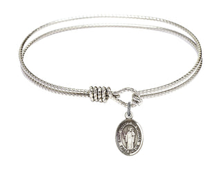 6 1/4 inch Oval Eye Hook Rhodium Bangle Bracelet with a Sterling Silver Saint Joseph the Worker charm. Engraved Catholic Saint Jewelry