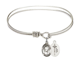 6 1/4 inch Oval Eye Hook Rhodium Bangle Bracelet with a Sterling Silver Pope Emeritace Benedict XVI charm.